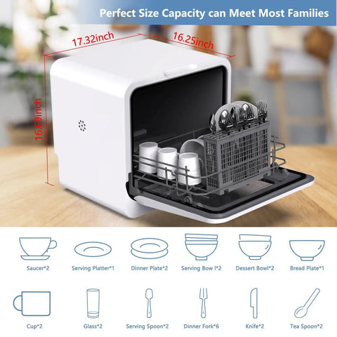 Hassle Free Countertop Dishwasher Fully Automatic Smart Drying Front Loading Compact with dishes inside and clear dimensions.