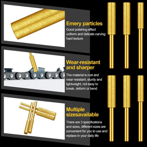 Pro Grade Titanium Diamond Chainsaw Sharpener Bits Kit 30 Piece Bulk Set For Electric Chainsaws With Diamond Grinding Wheels Three Size Plated Grinding Tool Gold showing different bits and their uses