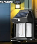 Heavy Duty Solar Wall Lights Outdoor Two Pack Weatherproof Security Sconces Motion Activated Floodlights shown with dimensions for easy installation.