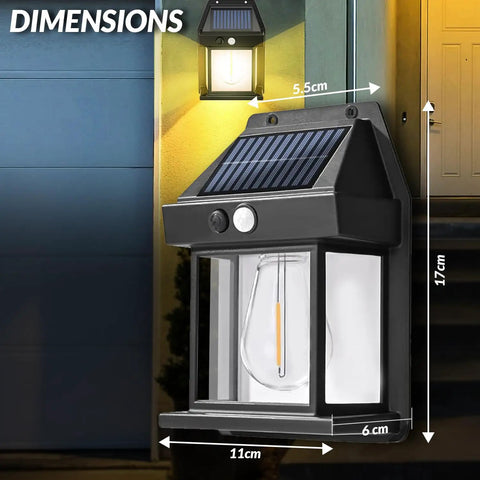 Heavy Duty Solar Wall Lights Outdoor Two Pack Weatherproof Security Sconces Motion Activated Floodlights shown with dimensions for easy installation.
