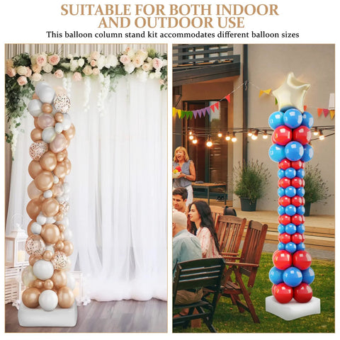 Gadpiparty balloon column stand kit; adjustable poles, rose-gold indoor column and blue-red outdoor column with star topper.