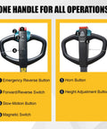 Controls of Heavy-Duty 4400 Lb Full Electric Pallet Jack With 48 Inch Forks showing buttons for emergency, speed, and height adjustments.