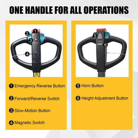 Controls of Heavy-Duty 4400 Lb Full Electric Pallet Jack With 48 Inch Forks showing buttons for emergency, speed, and height adjustments.