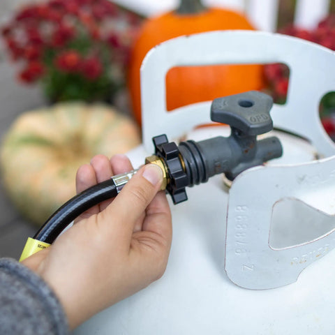 Five Foot Propane Hose Assembly For Disposable Cylinders To 20 Pound Tank, 9000 BTU, Brass Fittings, attached to tank