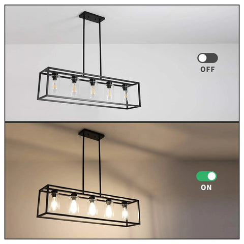 Five Light Farmhouse Kitchen Pendant Light In Black Industrial Rectangular Frame For Linear Island Dining Room With Clear Glass Shades, Adjustable Stem Heights, Easy Installation, Modern Rustic Vibe, lights on and off view.