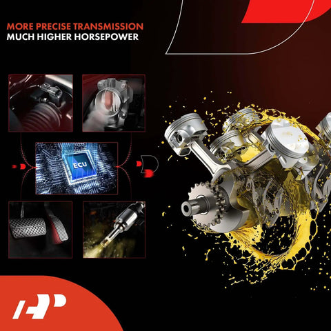 Internal combustion engine components with ECU and horsepower visuals in automotive design layout.
