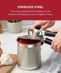 Person using a Multifunction Can Opener And Bottle Opener for Easy Kitchen Use with Razor Sharp Stainless Steel Cutting Wheel and Soft Ergonomic Handles in Black on a tin can.