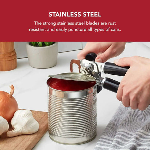 Person using a Multifunction Can Opener And Bottle Opener for Easy Kitchen Use with Razor Sharp Stainless Steel Cutting Wheel and Soft Ergonomic Handles in Black on a tin can.