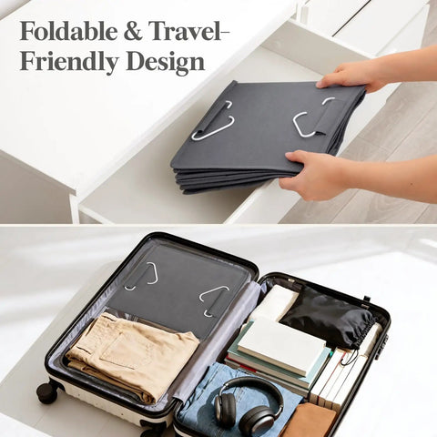 Person organizing Foldable & Travel-Friendly design storage solution in suitcase with jeans, books, and headphones.