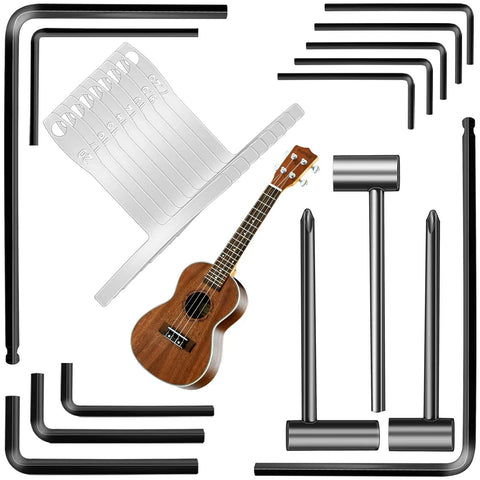 Guitar Truss Rod Wrench Set Of 23 Pieces For Gearheads With 4mm 5mm 1.2mm 1.5mm 2mm 2.5mm 3mm 3.2mm 4mm 4.7mm 5mm And 6.35mm 7mm 8mm Hex Box Wrenches Plus Fretboard Radius Gauge For Precise Neck Adjustments on ukulele