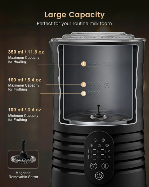 Cafe-Style Barista-Grade Milk Foam Maker And Frother With Temperature Display, 350ml capacity, magnetic spinner shown