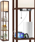 Floor Lamp With Shelves And LED USB Type C Ports Built In AC Outlet Three Color Temperatures Storage Display Walnut Wood Column Tall Standing Lamp For Living Room Bedroom Or Office featuring books, plants, and charging devices.