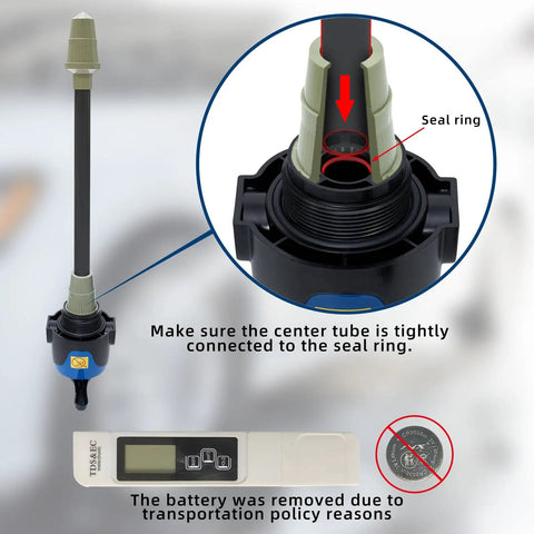 Deionized Water Filtration System For Car Wash With 10L Mixed Bed Resin, showcasing seal ring and TDS meter details.