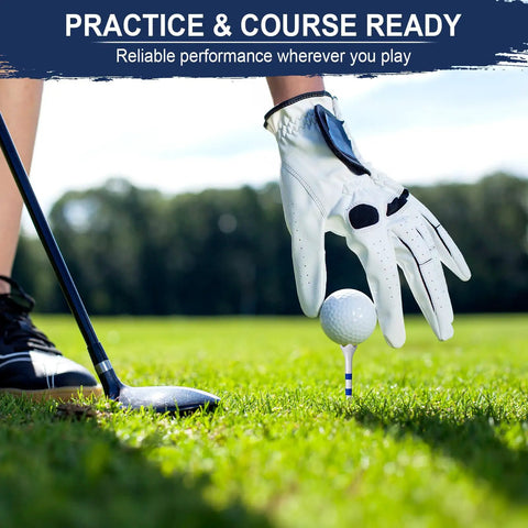 Golf glove placing ball on Durable Plastic Golf Tees 30 Pack Three And A Quarter Inch With Low Friction Four Prong Head on grass
