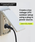 Wall outlet with Outdoor Landscape Low Voltage Plug In Power Supply Kit, cable plugged in, lid closed.