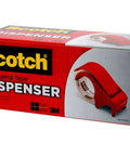 Box showing portable heavy-duty packaging tape dispenser with hand brake for 3 in (76 mm) core rolls up to 2 in (50 mm) wide, red refillable