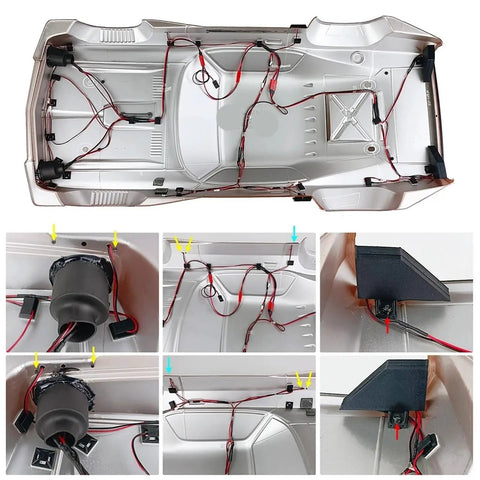 RC Light Strips Kit For 1/7 Scale Muscle Cars And Crawler RCs, front headlights rear taillights wiring layout inside vehicle body