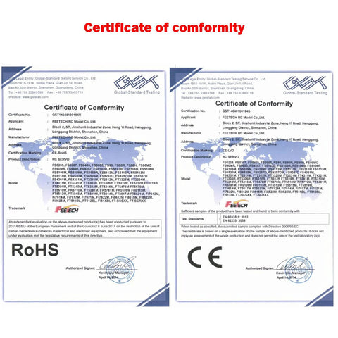 Two certificates of conformity side by side, displaying RoHS and CE marks.
