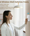 Woman using Wireless Light Switch With Remote Outlet Control For Plug In Lamps And Decor No Wiring No WiFi 15 Amp 100 Ft RF Range Decorator Rocker Wall Switch For Christmas Lights And Holiday Displays