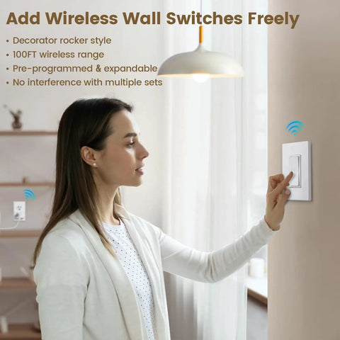 Woman using Wireless Light Switch With Remote Outlet Control For Plug In Lamps And Decor No Wiring No WiFi 15 Amp 100 Ft RF Range Decorator Rocker Wall Switch For Christmas Lights And Holiday Displays