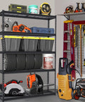 Legit Tough Steel Shelving Rack Five Tier Industrial Garage Storage Unit For Tools And Seasonal Gear 48 By 24 By 72 Inches holding tools and bins.