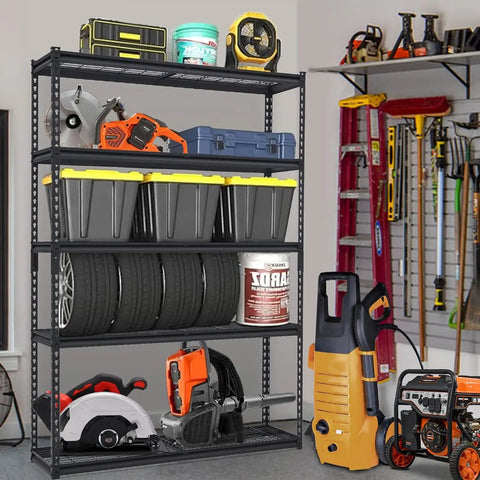 Legit Tough Steel Shelving Rack Five Tier Industrial Garage Storage Unit For Tools And Seasonal Gear 48 By 24 By 72 Inches holding tools and bins.