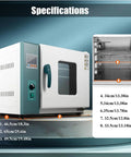 Specifications of Heavy Duty 45L Lab Drying Oven With 1000W Forced Air Convection, showing dimensions and stainless steel details.