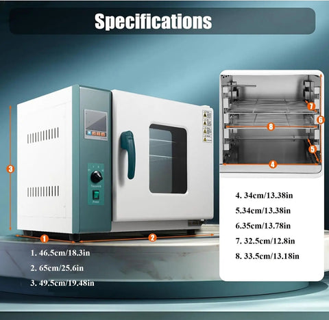 Specifications of Heavy Duty 45L Lab Drying Oven With 1000W Forced Air Convection, showing dimensions and stainless steel details.