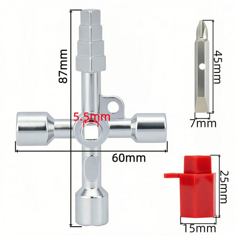 2 Pack 4 Way Sillcock Key Kit for Hose Valves Faucets and Switches with Beaded Chain, zinc alloy, dimensions and parts shown
