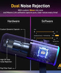 USB XLR Podcasting Microphone For PC And Streaming Dope Dynamic Desktop Studio Mic With Mute Button RGB Lighting Sturdy Stand Ideal For Gaming And Video Production PD100X showing dual noise rejection features