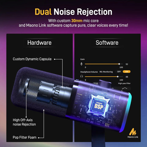 USB XLR Podcasting Microphone For PC And Streaming Dope Dynamic Desktop Studio Mic With Mute Button RGB Lighting Sturdy Stand Ideal For Gaming And Video Production PD100X showing dual noise rejection features