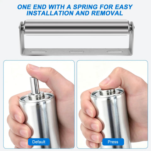Premium Spring Loaded Stainless Steel Roller With Galvanized Bracket 1.5 X 10 Inch showing easy installation and removal mechanism.