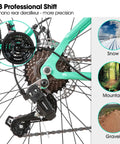 Close-up of 18-speed derailleur on 26 Inch Mountain Bike For Women And Men With Step Through Frame, Front Suspension Fork, Green