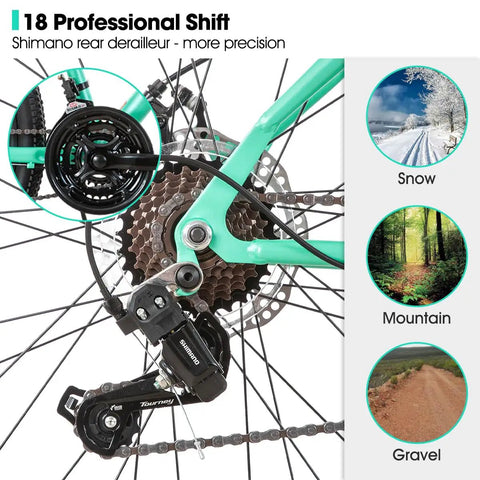 Close-up of 18-speed derailleur on 26 Inch Mountain Bike For Women And Men With Step Through Frame, Front Suspension Fork, Green