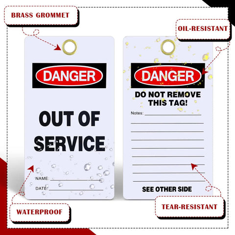 No Sweat Bulk 50 Pack Danger Out Of Service Tags For Industrial Facilities With Double Sided Bold Print, waterproof, tear-resistant with brass grommet.