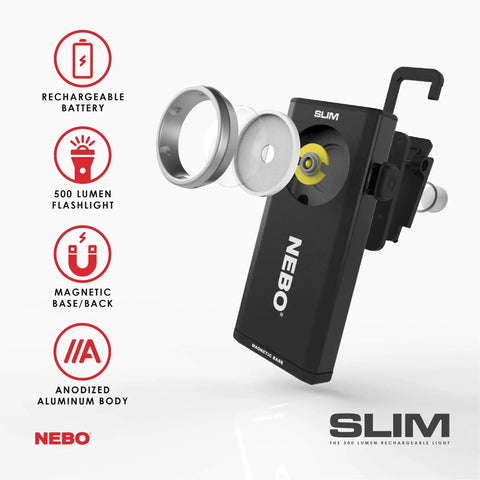 500-Lumen LED COB Work Flashlight With Rechargeable Battery, displaying magnetic base and hanging hook, black anodized body