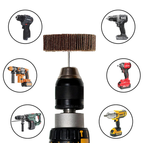 Twenty Piece Pro Grade Abrasive Flap Wheel Sander Set With Eight Flap Wheel Sizes And Two Cone Shapes, 80 Grit, One Quarter Inch Shank, showing a flap wheel attached to a drill.