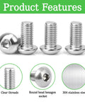 100 Pcs M6 X 10mm Button Head Socket Cap Bolts Made From Rust Busting 304 Stainless Steel With A Tight Fully Threaded Shank And Slick Allen Hex Drive showing clear threads and round head design.
