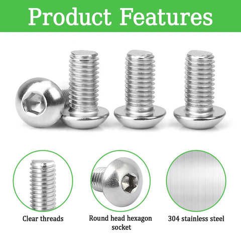100 Pcs M6 X 10mm Button Head Socket Cap Bolts Made From Rust Busting 304 Stainless Steel With A Tight Fully Threaded Shank And Slick Allen Hex Drive showing clear threads and round head design.