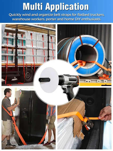 Ratchet Strap Winder Drill Attachment for quick tie downs in use on trailers, flatbeds, and storage, reducing downtime and fatigue.