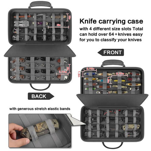 Heavy Duty 88 Slot Knife Display Case For 64 Plus Pocket Knives, Butterfly Knife Storage Box, shown with elastic bands in grey
