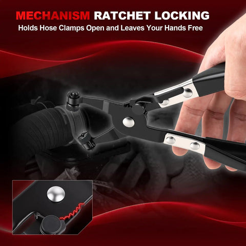 9 Piece Hose Clamp Pliers Set For Auto Work with long reach ratchet locking pliers holding hose clamp in car engine.