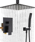 Oil Rubbed Bronze Shower Head With Handheld Spray Combo Ceiling Mounted 12 Inch Rainfall Square System With Balance Pressure Valve High Flow 2 GPM At 60 PSI Ideal Bathroom Upgrade For Modern Showers. Visible: rainfall shower and handheld sprayer.