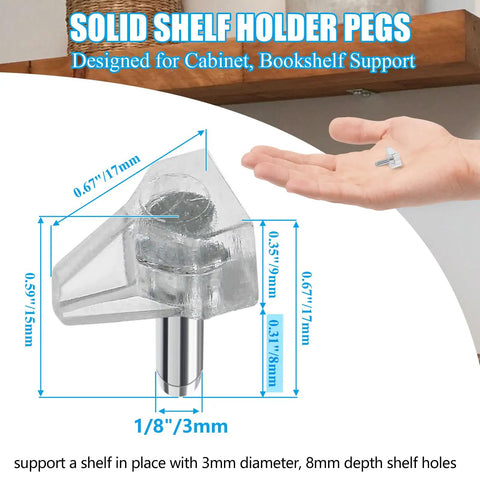 Heavy Duty Clear Shelf Pin Pegs 3mm With Solid Zinc Steel Core 30 Pack adjustable pegs with measurements for cabinet support.
