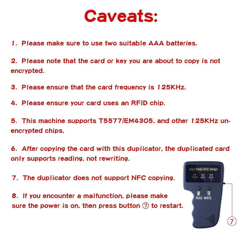 Instructions and handheld 125KHz RFID Copier Duplicator For T5577 And EM4305 Cards with caution notes