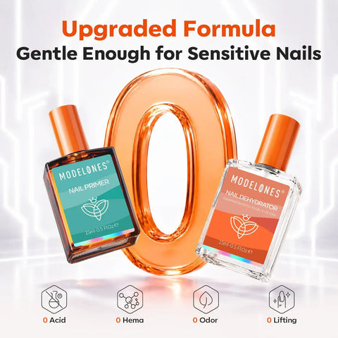 Two Piece Nail Prep Kit With Dehydrator And Primer 15 Ml Each Acid Free HEMA Free, orange bottles, zero acid indication.