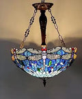 Blue Dragonfly Tiffany Style Pendant Light 3 Light Stained Glass Chandelier 18 Inch Wide Old School Antique Hanging Lamp
