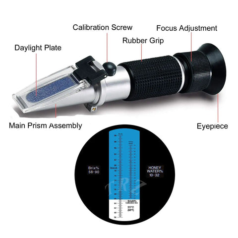 Beekeeping Refractometer for Honey and Syrup, Measures 10-32 percent Water and 58-90 percent Sugar Brix, 0.2 percent Resolution, Two-Point Calibration, Easy to Use, Pro-Grade for Honey, Condensed Milk, Sugar Syrup, Jam, and Fruit Preserves. Handheld metal refractometer with rubber grip and eyepiece.