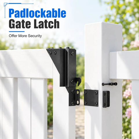 Heavy Duty Sliding Gate Kit With Anti Sag Roll Wheels For Deck And Driveway Gates Universal Fit For 1 To 2 Inch Wood Fences Smooth Quiet Operation Gate Hardware For Easy Setup And Reliable Gate Movement No Fuss, black padlockable gate latch on white wood gate