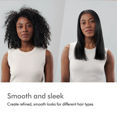Two women with different hair types showcasing results using Cordless And Corded Hair Straightener With Flexing Plates For Less Heat And Damage